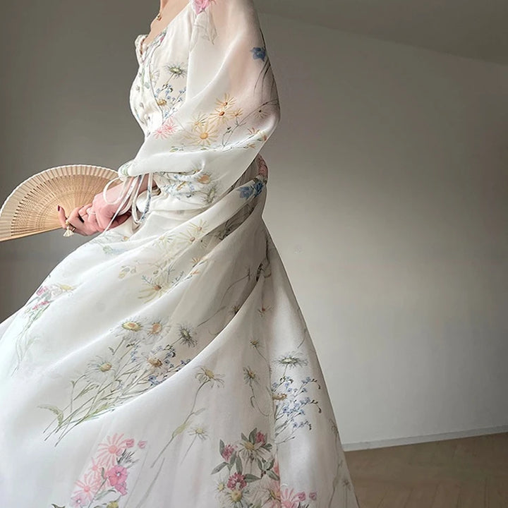 Vintage Floral Midi Dress Women Elegant Party Square Collar Dresses Summer Beach Fairy Korean Long Sleeve Bodycon Vestidos New