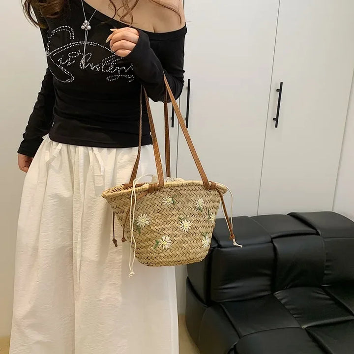 Summer Straw Handbag Boho Beach Shoulder Bag Woven Bucket Shopping Bag Handmade Rattan Bag Lady Top Handle Tote 2 set Handbag