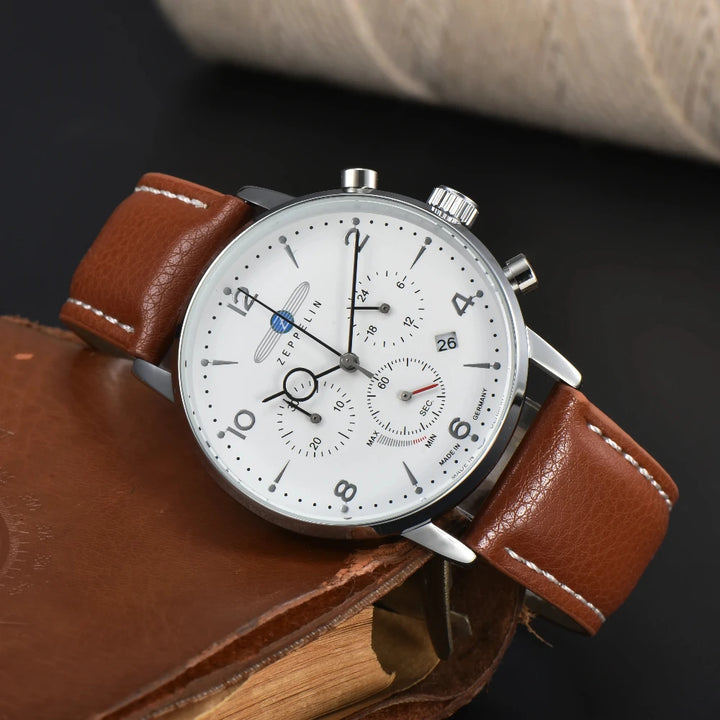 Fashion New Zeppelin Automatic Date Wristwatch Three-eye Run Seconds Multifunctional Timing Business Leisure Quartz Men's Watch