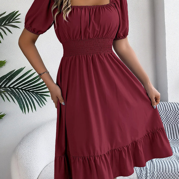 Women's MIidi Dresses 2025 Summer Casual Square Neck Short Sleeved Waist Ruffle Edge Dress Dress Women Elegant Платья Женские