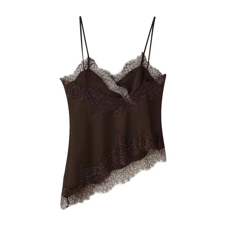 Women's Chic V-neck Lace Spliced Slim Top Sleeveless Backless Hollow out Asymmetrical Hem Sexy Sling Top