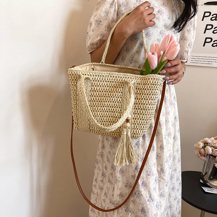 Summer Straw Bag Women Large Capacity  Shoulder Messenger Bags Handmade Woven Handbag Bohemia Vacation Rattan Beach Purse 2024