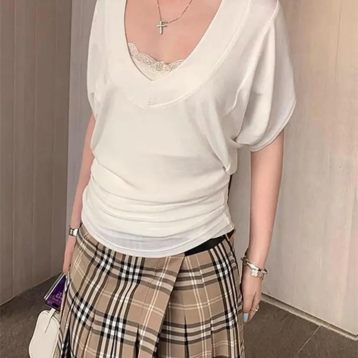 Ribbed Tops Loose V-neck Short Sleeve T-shirt for Woman Summer New Simple Basic Top Design Bat Sleeve T-shirt Casual Y2k Clothes