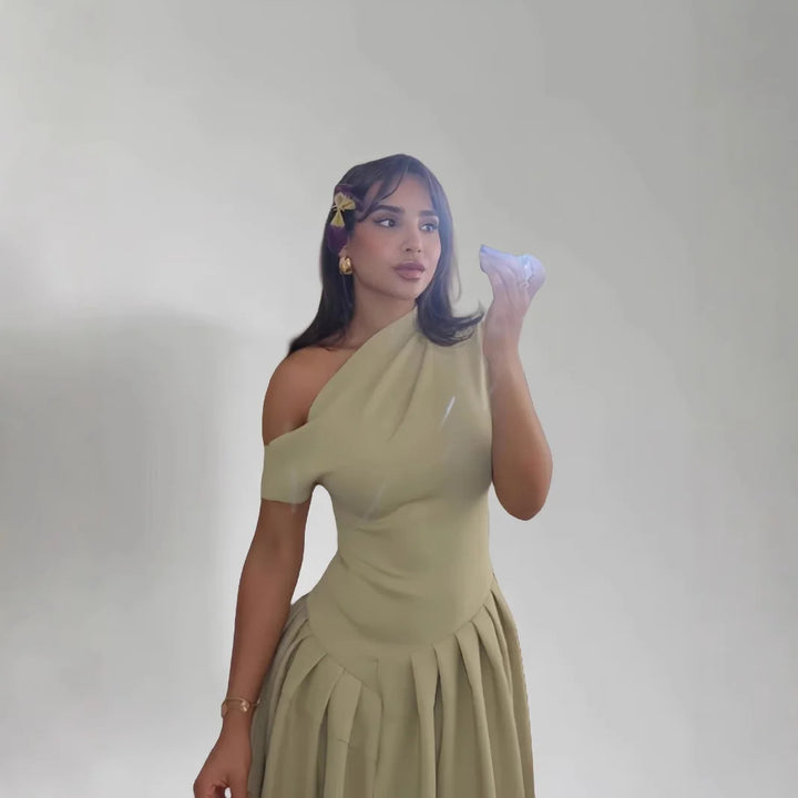 Elegant Pleated Midi Dress for Women Fashion Street Short Sleeve Patchwork Long Dress Casual Office Lady Irregular Neck Vestidos