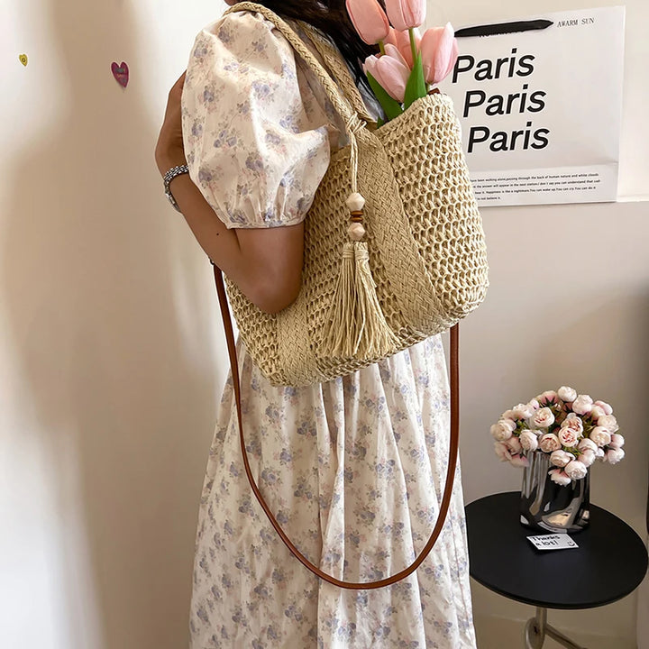 Summer Straw Bag Women Large Capacity  Shoulder Messenger Bags Handmade Woven Handbag Bohemia Vacation Rattan Beach Purse 2024