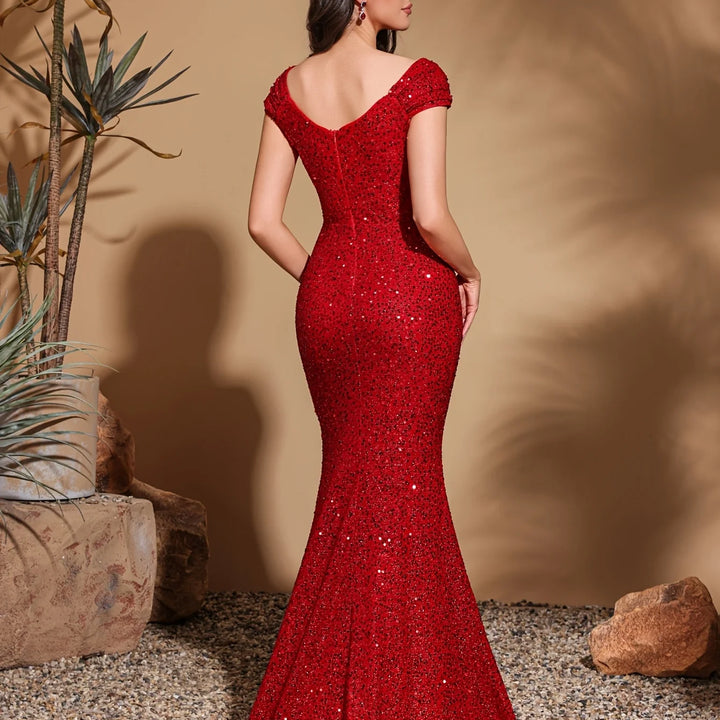 Simple and elegant square neck sequined hip party dress skirt, elegant and chic dress