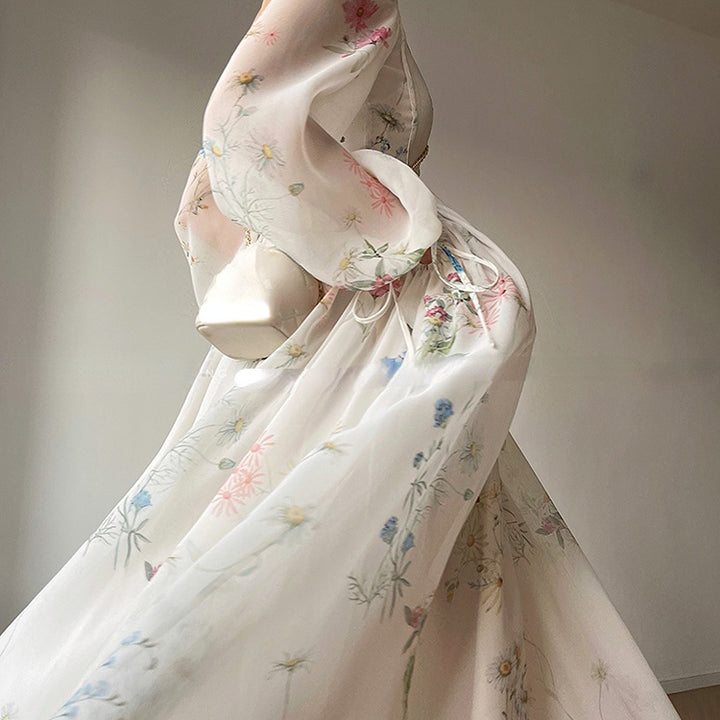 Vintage Floral Midi Dress Women Elegant Party Square Collar Dresses Summer Beach Fairy Korean Long Sleeve Bodycon Vestidos New