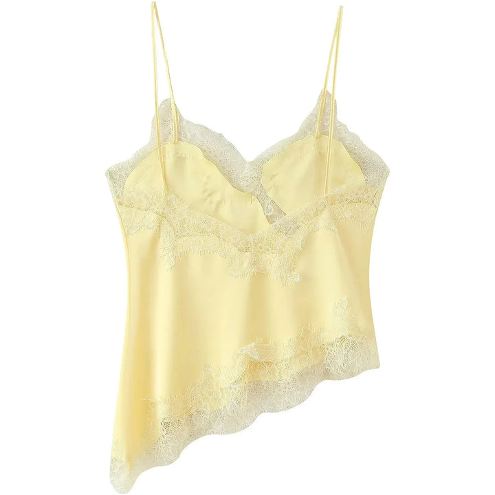 Women's Chic V-neck Lace Spliced Slim Top Sleeveless Backless Hollow out Asymmetrical Hem Sexy Sling Top