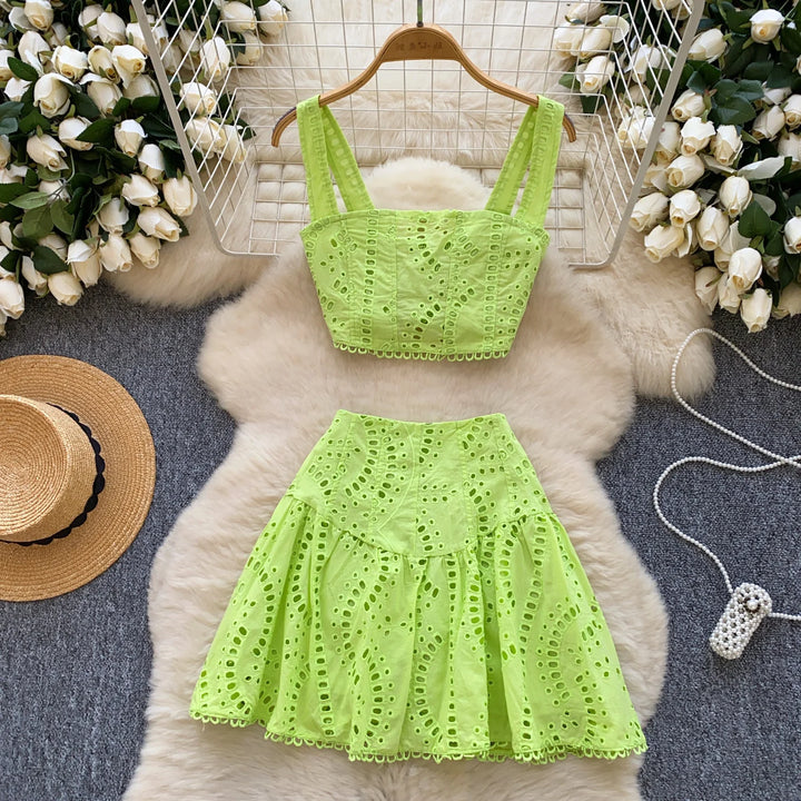 Holliday Midi Dress White Two Piece Sets Women Summer Crop Tops Short Skirts Suits Embroidery Hollow Out Beach Cotton Vestidos