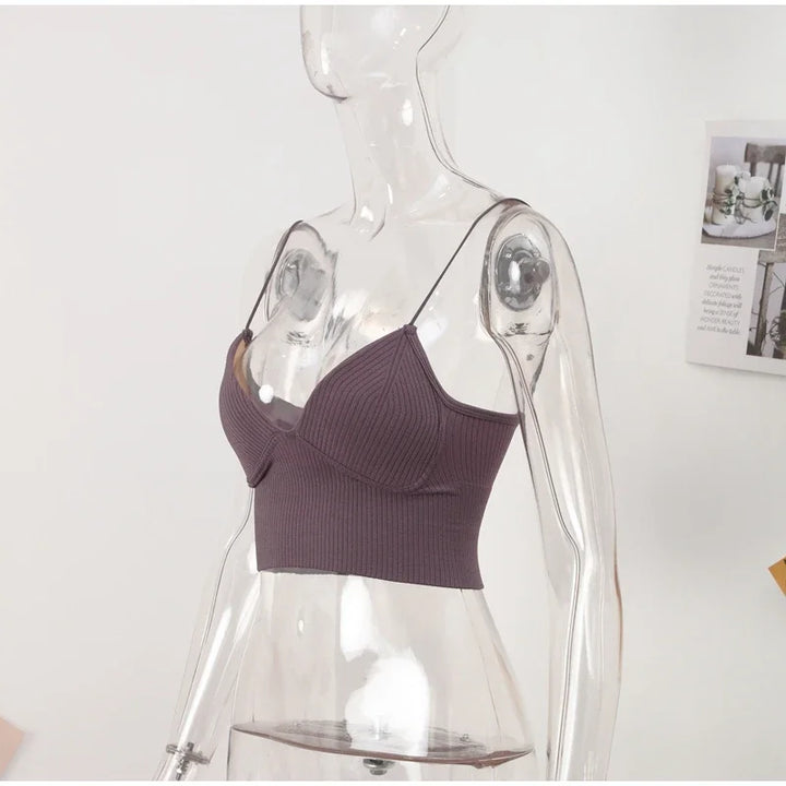 Rib Solid Women Seamless Crop Top Underwear Wire-Free V-Shaped Camisole Thin Straps Bra Bralette Lingerie One-Piece Tube Tops