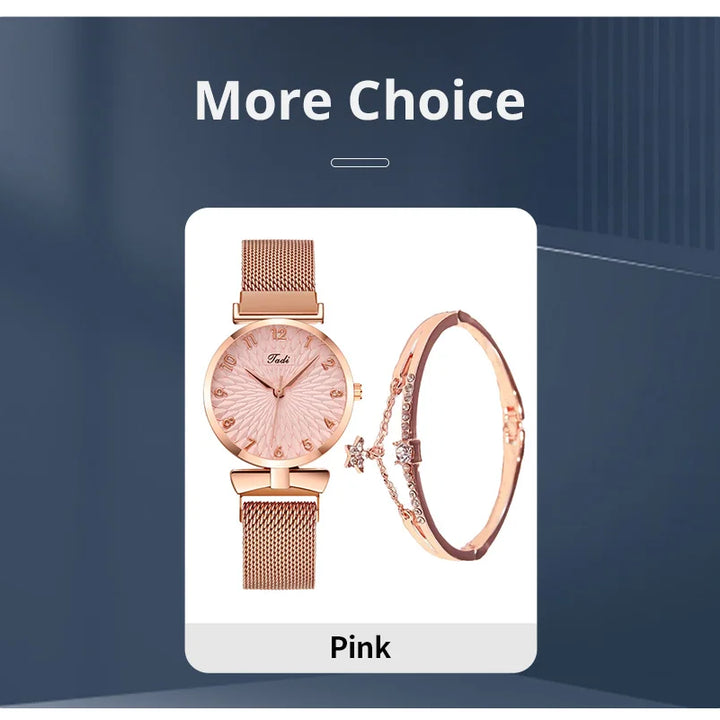 2PCS Set Women's Watch Set Trendy Pink Design Mesh Belt Alloy Wristwatch Fashionable Timepiece Quartz Watch Lady