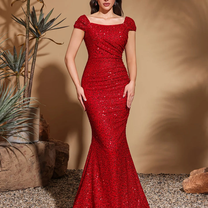 Simple and elegant square neck sequined hip party dress skirt, elegant and chic dress