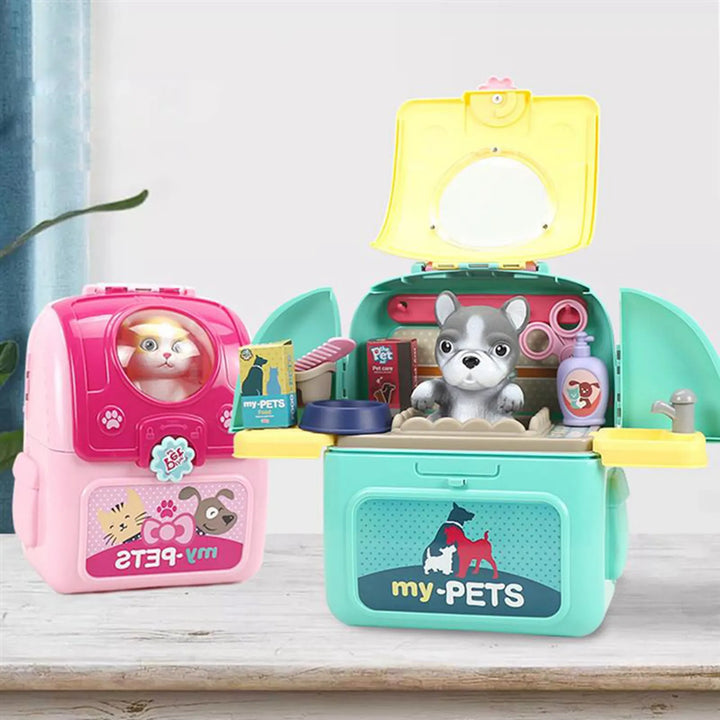 ASDS-Animals Cartoon Pet Toys Realistic Pet Vet Backpack Pretend Play Toy Veterinarian Kit Cat Dog Care Play Set