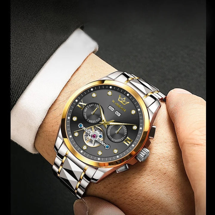 Men's Automatic Mechanical Watch with Tourbillon Waterproof Luminous Stainless Steel Strap Luxury Multi-Functional Timepiece