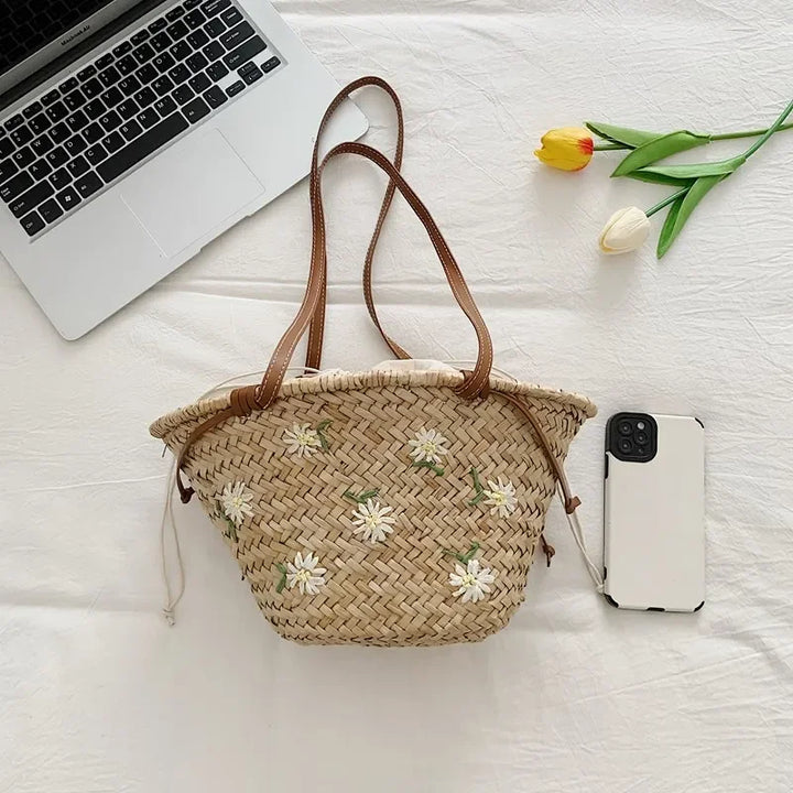 Summer Straw Handbag Boho Beach Shoulder Bag Woven Bucket Shopping Bag Handmade Rattan Bag Lady Top Handle Tote 2 set Handbag