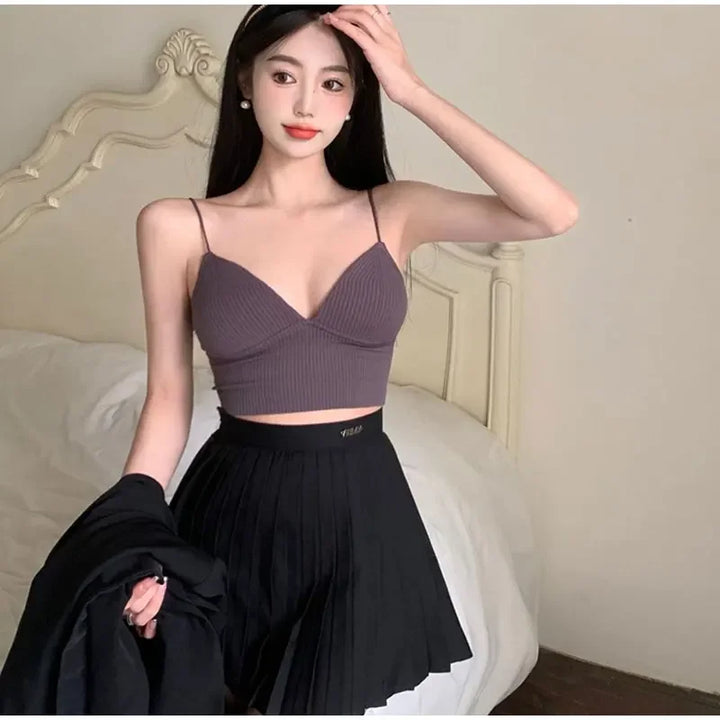 Rib Solid Women Seamless Crop Top Underwear Wire-Free V-Shaped Camisole Thin Straps Bra Bralette Lingerie One-Piece Tube Tops