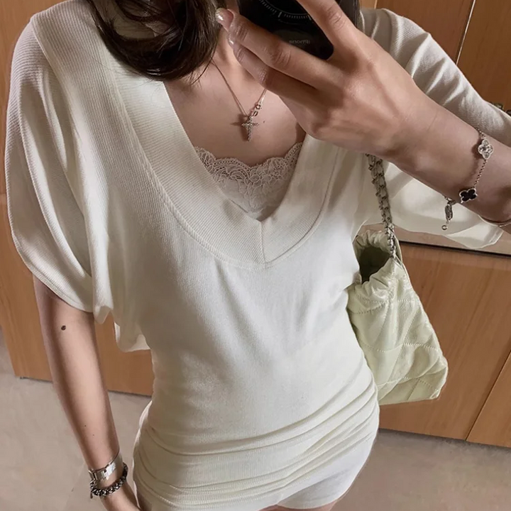 Ribbed Tops Loose V-neck Short Sleeve T-shirt for Woman Summer New Simple Basic Top Design Bat Sleeve T-shirt Casual Y2k Clothes