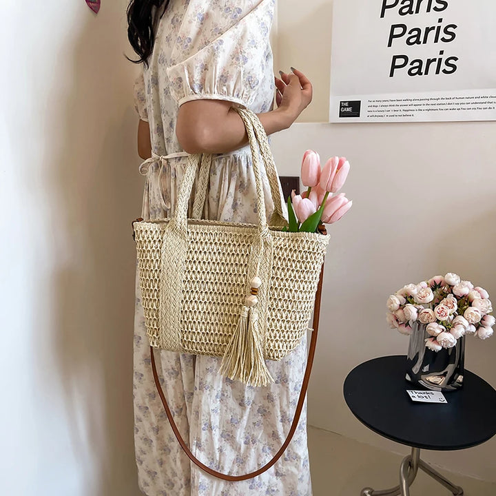 Summer Straw Bag Women Large Capacity  Shoulder Messenger Bags Handmade Woven Handbag Bohemia Vacation Rattan Beach Purse 2024
