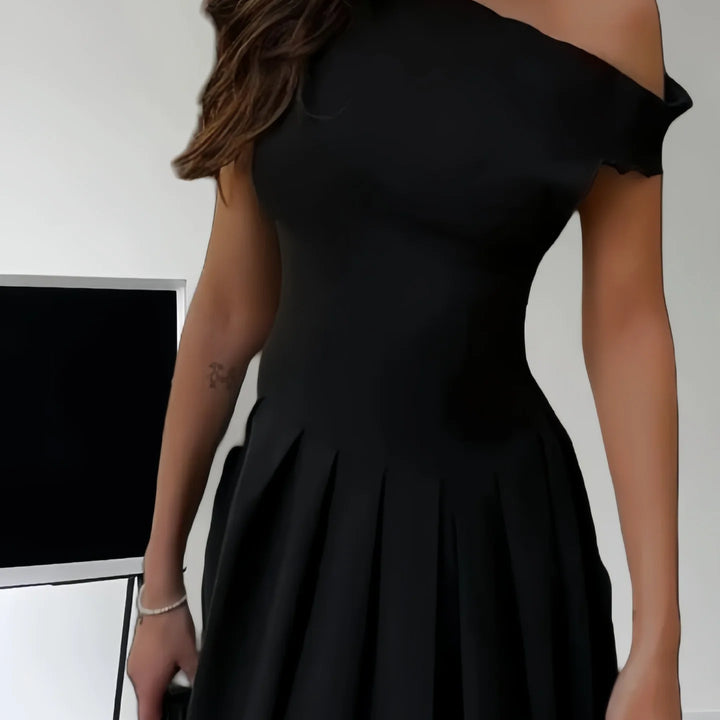 Elegant Pleated Midi Dress for Women Fashion Street Short Sleeve Patchwork Long Dress Casual Office Lady Irregular Neck Vestidos