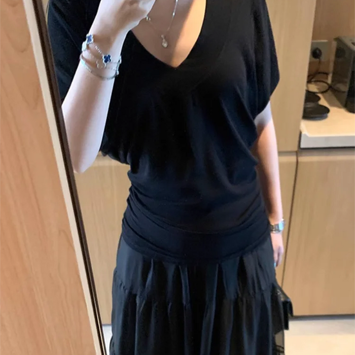 Ribbed Tops Loose V-neck Short Sleeve T-shirt for Woman Summer New Simple Basic Top Design Bat Sleeve T-shirt Casual Y2k Clothes