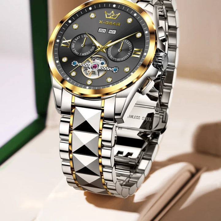 Men's Automatic Mechanical Watch with Tourbillon Waterproof Luminous Stainless Steel Strap Luxury Multi-Functional Timepiece
