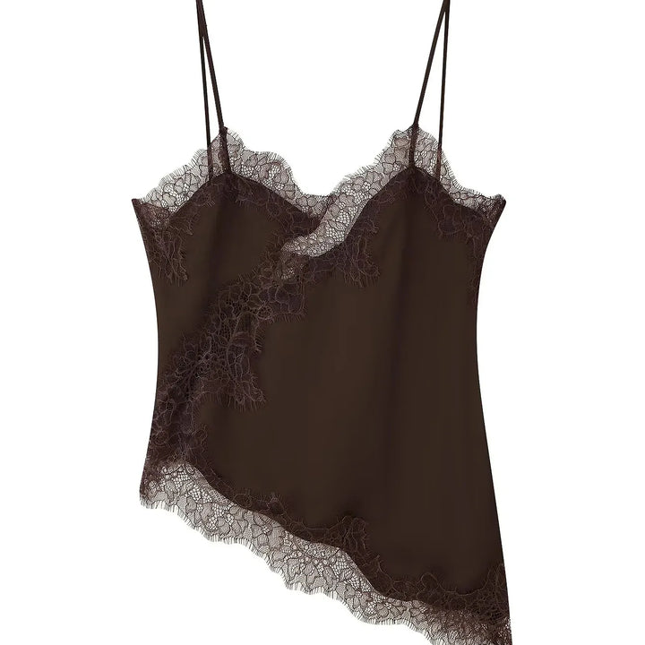 Women's Chic V-neck Lace Spliced Slim Top Sleeveless Backless Hollow out Asymmetrical Hem Sexy Sling Top