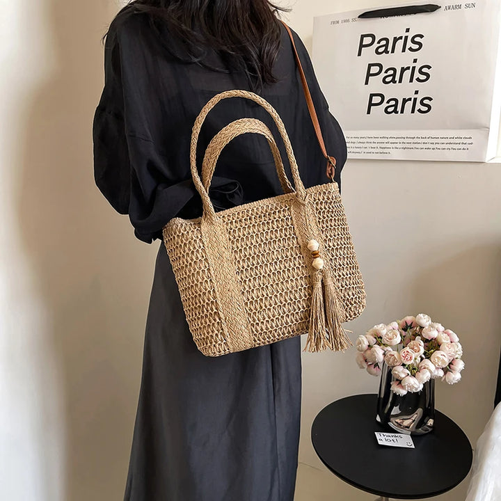 Summer Straw Bag Women Large Capacity  Shoulder Messenger Bags Handmade Woven Handbag Bohemia Vacation Rattan Beach Purse 2024