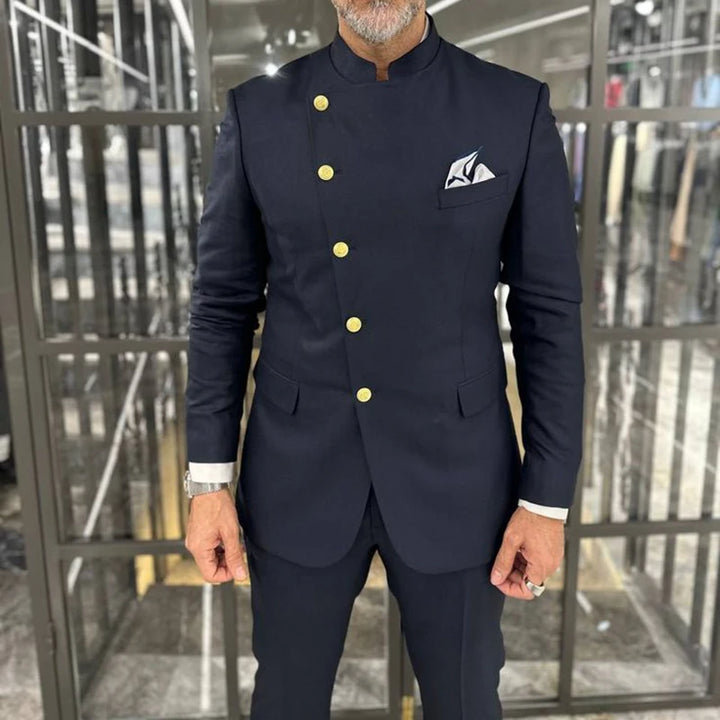 Fashion Men Suits 2 Piece Jacket Pants Solid Color Single Breasted Stand Lapel Casual Blazer Formal Occasion Costume Homme Terno