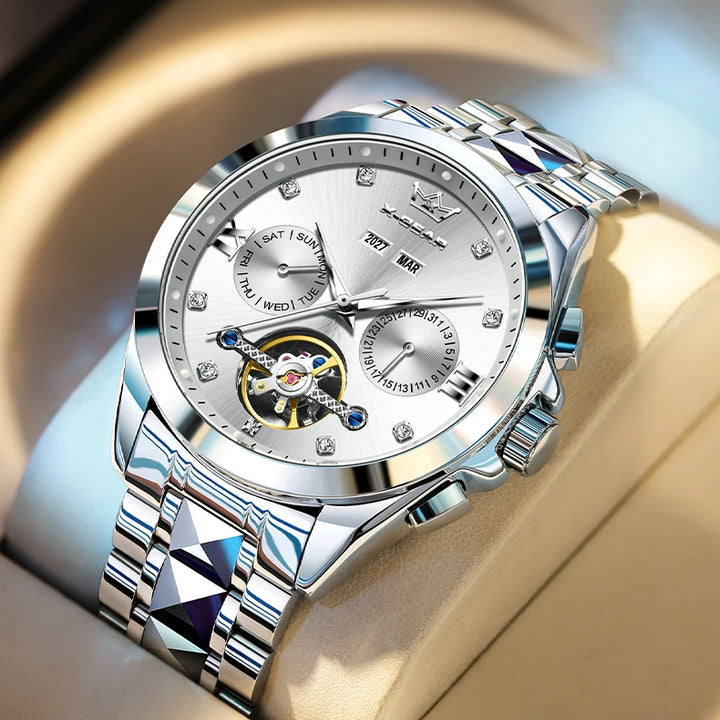 Men's Automatic Mechanical Watch with Tourbillon Waterproof Luminous Stainless Steel Strap Luxury Multi-Functional Timepiece