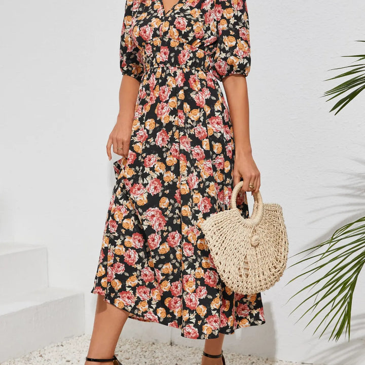 New Boho Floral Print Midi Dress Women Fashion V-neck Short Sleeve Dresses For Women 2025 Summer Casual Holiday Long Dress