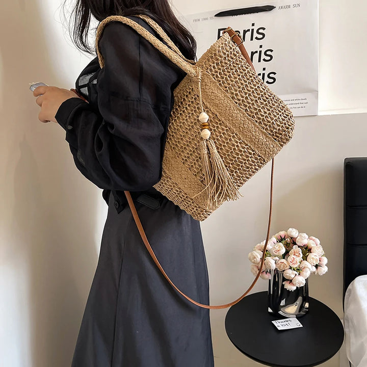 Summer Straw Bag Women Large Capacity  Shoulder Messenger Bags Handmade Woven Handbag Bohemia Vacation Rattan Beach Purse 2024