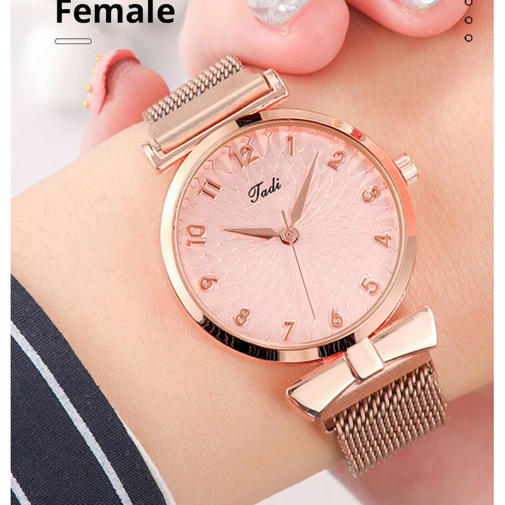 2PCS Set Women's Watch Set Trendy Pink Design Mesh Belt Alloy Wristwatch Fashionable Timepiece Quartz Watch Lady