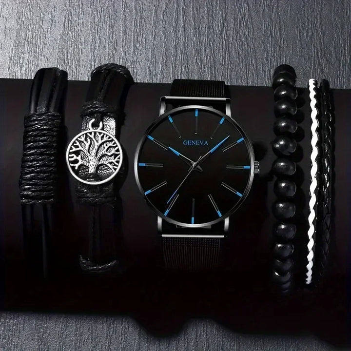 Fashion Men's Quartz Watch Set, Business Casual Timepiece with Beaded Cuff, Alloy Case & Scratch-Resistant Glass