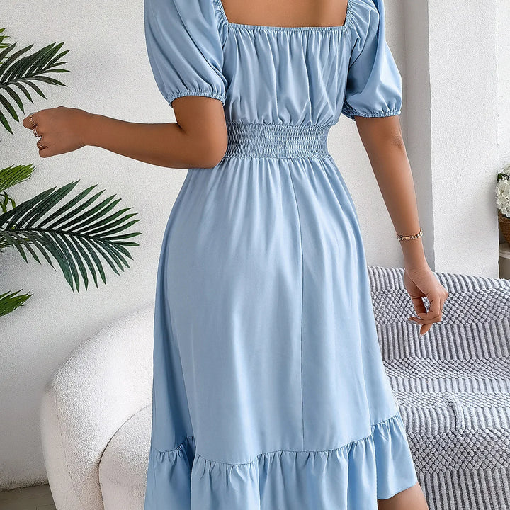 Women's MIidi Dresses 2025 Summer Casual Square Neck Short Sleeved Waist Ruffle Edge Dress Dress Women Elegant Платья Женские