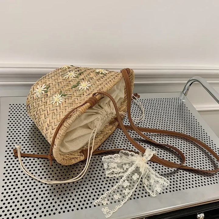 Summer Straw Handbag Boho Beach Shoulder Bag Woven Bucket Shopping Bag Handmade Rattan Bag Lady Top Handle Tote 2 set Handbag