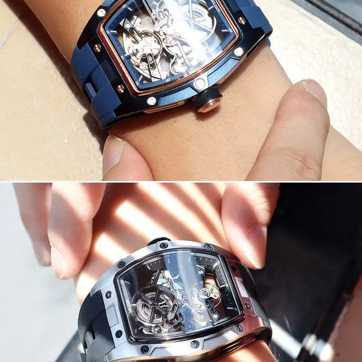 MEGIR Men's Automatic Mechanical Watch with Stainless Steel Case Silicone Band Skeleton Dial Waterproof Sport Wristwatch
