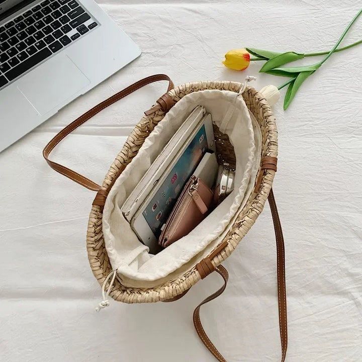 Summer Straw Handbag Boho Beach Shoulder Bag Woven Bucket Shopping Bag Handmade Rattan Bag Lady Top Handle Tote 2 set Handbag