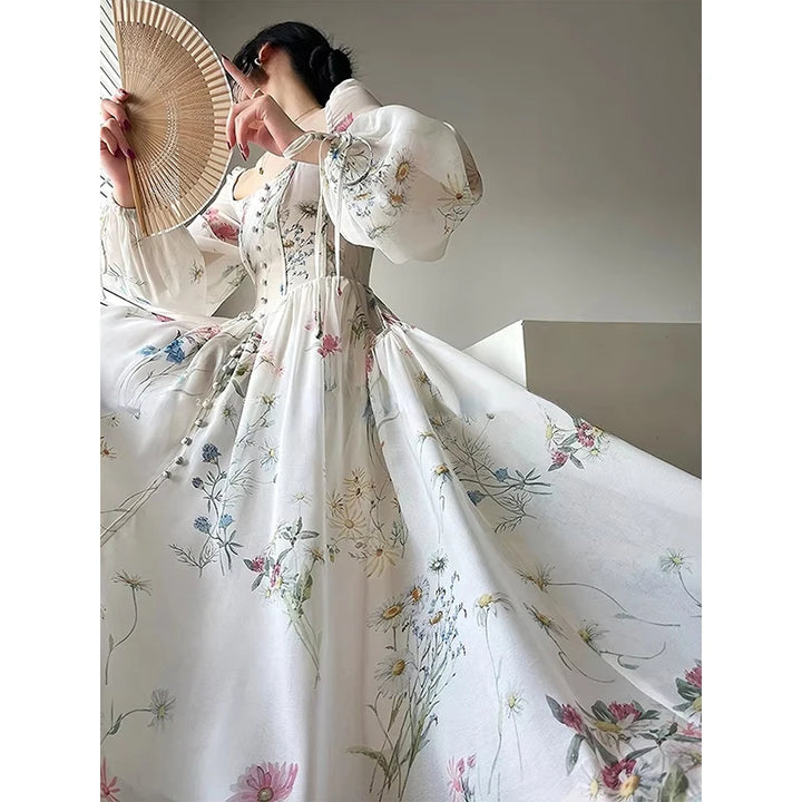 Vintage Floral Midi Dress Women Elegant Party Square Collar Dresses Summer Beach Fairy Korean Long Sleeve Bodycon Vestidos New