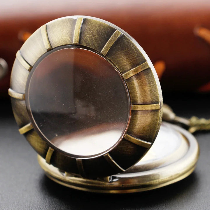Wheel Shape Transparent Gold Dial Bronze Vintage Time Gem Quartz Pocket Watch for Men's Women's Exquisite Necklace Pendant Gift