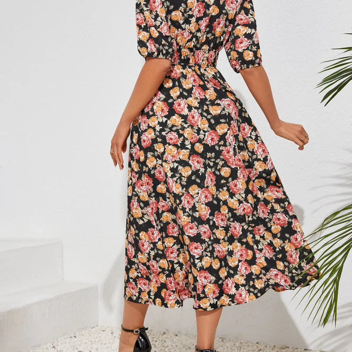 New Boho Floral Print Midi Dress Women Fashion V-neck Short Sleeve Dresses For Women 2025 Summer Casual Holiday Long Dress
