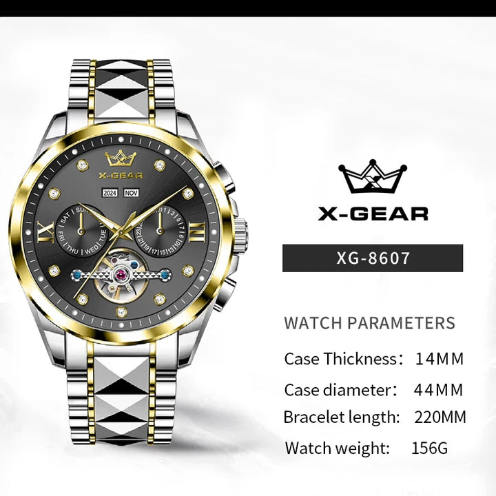 Men's Automatic Mechanical Watch with Tourbillon Waterproof Luminous Stainless Steel Strap Luxury Multi-Functional Timepiece