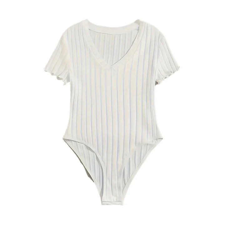 Elegant & Sexy Ribbed V-Neck Bodysuit with Lettuce Trim-Semi-Sheer Comfort Fit Easy Care - Perfect for Spring to Fall