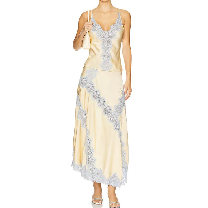 Sexy V-neck Top with Long Skirt 2Pc Suit Women's Fashion Embroidery Patchwork Satin Sets Elegant Sleeveless Sling Skirt Outfits