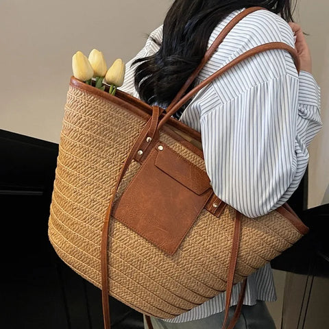 Summer Straw Shoulder Bag Women Hanabags Fashion Woven Crossbody Bags Large Capacity Totes 4 Shoulder Strap Travel Beach Bags