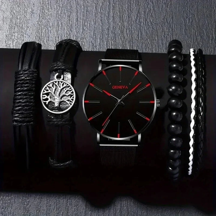 Fashion Men's Quartz Watch Set, Business Casual Timepiece with Beaded Cuff, Alloy Case & Scratch-Resistant Glass