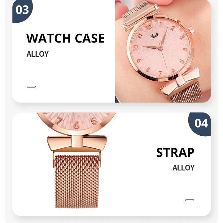 2PCS Set Women's Watch Set Trendy Pink Design Mesh Belt Alloy Wristwatch Fashionable Timepiece Quartz Watch Lady