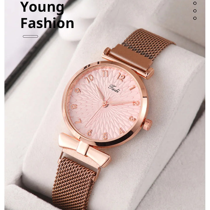 2PCS Set Women's Watch Set Trendy Pink Design Mesh Belt Alloy Wristwatch Fashionable Timepiece Quartz Watch Lady