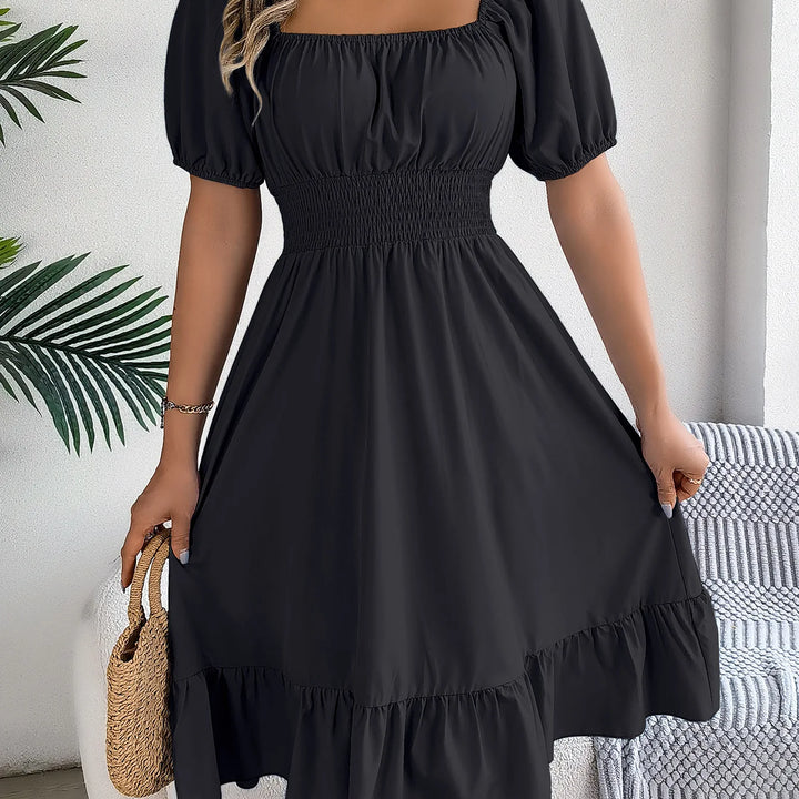 Women's MIidi Dresses 2025 Summer Casual Square Neck Short Sleeved Waist Ruffle Edge Dress Dress Women Elegant Платья Женские