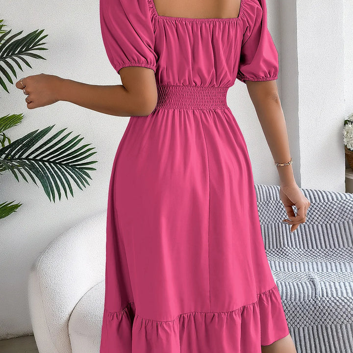 Women's MIidi Dresses 2025 Summer Casual Square Neck Short Sleeved Waist Ruffle Edge Dress Dress Women Elegant Платья Женские