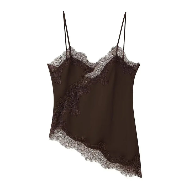 Women's Chic V-neck Lace Spliced Slim Top Sleeveless Backless Hollow out Asymmetrical Hem Sexy Sling Top